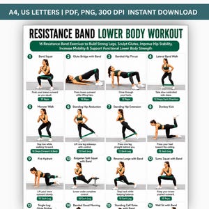 May include: A digital workout chart titled Resistance Band Lower Body Workout featuring 16 numbered exercise illustrations. Each section displays a person performing a movement with a green resistance band, including text instructions and repetition counts.