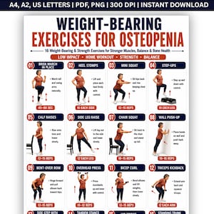 May include: A white informational poster titled Weight-Bearing Exercises for Osteopenia featuring 16 numbered exercise illustrations with text instructions for low impact home workouts, strength, and balance training, available in A4, A2, and US Letter sizes.
