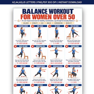 May include: A digital workout chart titled Balance Workout for Women Over 50, featuring 16 numbered exercise illustrations. Each section displays a person in blue athletic wear performing movements with text instructions and repetition counts.