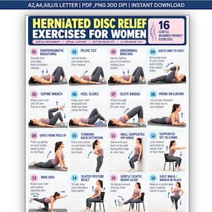 May include: A digital poster titled Herniated Disc Relief Exercises for Women featuring 16 numbered instructional panels with illustrations of physical movements, descriptive text for each exercise, and a header indicating file formats.