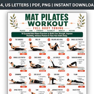 May include: A digital poster titled Mat Pilates Workout Full Body Toning featuring 16 numbered exercise illustrations with instructions. The layout includes text for A4 and US Letter sizes, PDF and PNG formats, and an instant download label.