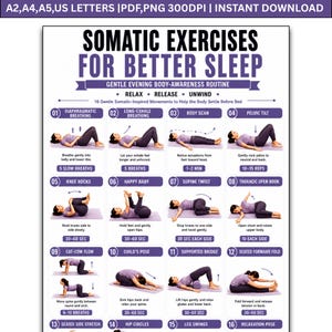 Op de afbeelding: Een digitale poster getiteld Somatic Exercises for Better Sleep met 16 genummerde illustraties van een persoon die zachte bewegingen uitvoert op een mat. De tekst bevat instructies voor ademhaling en rekoefeningen voor de avond.