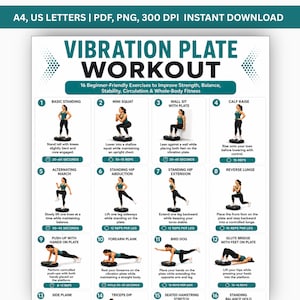 Może przedstawiać: Tabela treningowa zatytułowana VIBRATION PLATE WORKOUT zawierająca 16 ponumerowanych ilustracji ćwiczeń. Każda sekcja zawiera grafikę osoby na czarnej platformie wibracyjnej, opis tekstowy oraz liczbę powtórzeń lub czas trwania ćwiczeń.