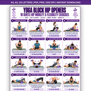 May include: A digital instructional poster titled Yoga Block Hip Openers featuring 16 numbered illustrations of yoga poses using blocks. The purple and white chart includes text for 16 gentle hip mobility and flexibility exercises with instructions.