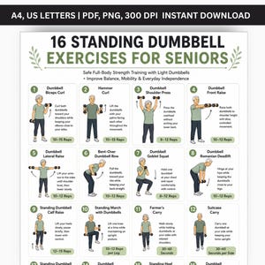 Può includere: Un poster digitale intitolato 16 Standing Dumbbell Exercises for Seniors, che presenta illustrazioni numerate di una persona che esegue vari esercizi di forza con manubri, accompagnate da testo didattico e conteggio delle ripetizioni.