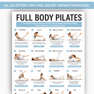 May include: A digital poster titled FULL BODY PILATES featuring 16 numbered exercise illustrations. Each section includes the exercise name, a visual of a person performing the movement, descriptive instructions, and the recommended repetition count.