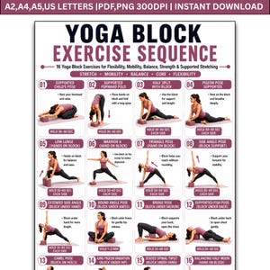 May include: A digital poster titled Yoga Block Exercise Sequence featuring 16 numbered illustrations of yoga poses using a block. The chart includes text instructions for flexibility, mobility, balance, and core strength, with a white background.