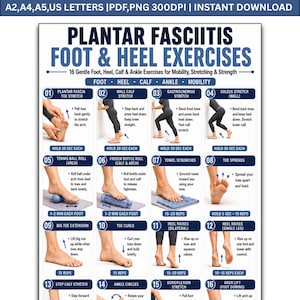 May include: A digital instructional poster titled Plantar Fasciitis Foot & Heel Exercises featuring 16 numbered diagrams with text instructions for stretching and strengthening the foot, heel, calf, and ankle, available in A2, A4, A5, and US Letter sizes.