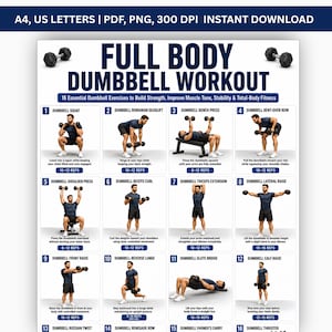 Op de afbeelding: Een digitale trainingsposter getiteld Full Body Dumbbell Workout met 16 genummerde oefenillustraties inclusief instructies en herhalingen. De lay-out toont een persoon die verschillende oefeningen met dumbbells uitvoert op een witte achtergrond.