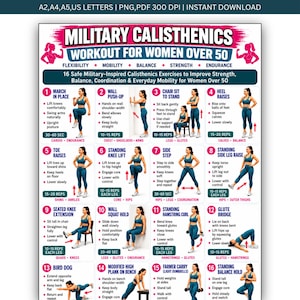 Puede incluir: Una tabla de ejercicios digital titulada Military Calisthenics Workout for Women Over 50, que presenta 16 ilustraciones numeradas con instrucciones, repeticiones y detalles en rosa. El diseño incluye texto para tamaños A2, A4, A5 y US Letter.