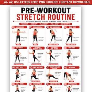 May include: A digital poster titled PRE-WORKOUT STRETCH ROUTINE featuring 16 numbered illustrations of a person in red athletic wear performing dynamic warm-up stretches. Each section includes text instructions for exercises like arm circles, lunges, and squats.