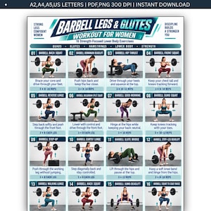 Leg & Glute Barbell Workout Printable, Lower Body Strength Exercises, Barbell Legs and Glutes Training, Gym Exercise Chart Poster PDF Guide