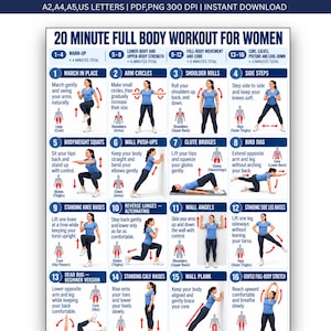 May include: A 20 minute full body workout chart featuring 16 numbered exercise steps with illustrations of a person performing movements like squats, lunges, and stretches, including text instructions for each exercise and muscle group targets.