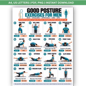May include: A digital poster titled Good Posture Exercises for Men featuring sixteen numbered illustrations of a person performing various stretches and strengthening movements. Each section includes the exercise name, instructions, and target muscle group.