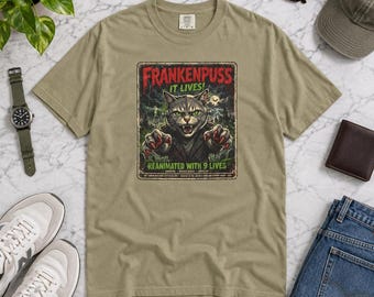 Frankenpuss Cat Horror Poster T-Shirt, Reanimated With 9 Lives