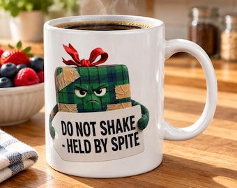 Funny Christmas Mug, Do Not Shake Held By Spite, Sarcastic Gift Wrap Humor, Grumpy Holiday Coffee Cup, White Elephant Gift, 11oz Ceramic