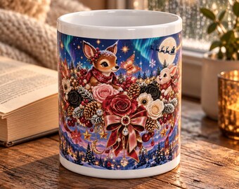 Festive Deer Floral Christmas Mug, Ceramic Coffee Cup