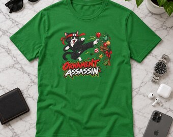 Christmas Ornament Assassin Cat T-Shirt | Festive Cat Graphic