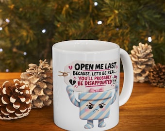 Open Me Last Anxiety Mug, Funny Christmas Coffee Cup, Anxious Gift Box Humor, Cute Pastel Holiday Humor, 11oz Ceramic
