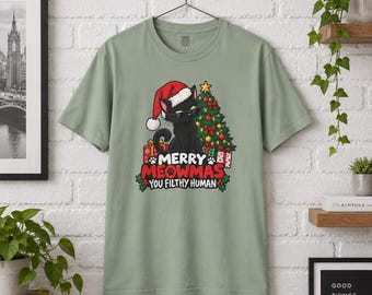 Merry Meowmas Cat Christmas T-Shirt, Tree and Festive Typography