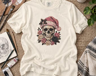Santa Hat Skull and Roses T-Shirt | Gothic Christmas Design