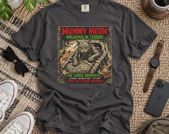 Mummy Meow Wrapped in Terror T-Shirt | Horror Cat Design