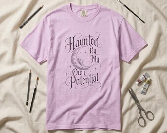 Haunted By My Own Potential T-shirt | Crescent Moon Script Graphic