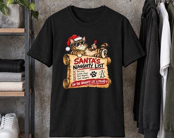 Santa's Naughty List Cat Cartoon T-Shirt | Christmas Design