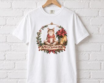 Christmas Cat Wreath T-Shirt | Festive Feline Holiday Design