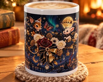 Christmas Coffee Mug, Navy And Gold Winter Wonderland, Burgundy Roses Cardinal Fawn, Luxury Holiday Mug 11oz 15oz, Gift For Her