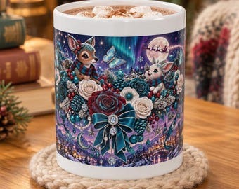 Fantasy Coffee Mug, White Ceramic Woodland Deer and Floral Art, 11 oz or 15 oz
