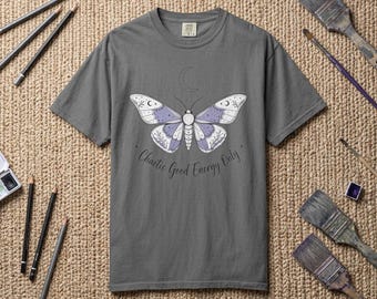 Chaotic Good Energy Only Moth T-shirt | Hand-drawn Purple Moth Tee
