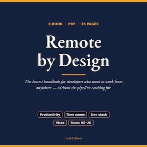 Könnte beinhalten: Ein dunkelblaues digitales E-Book-Cover mit dem Titel Remote by Design, ein 36-seitiges PDF-Handbuch für Entwickler. Es enthält Text über das Arbeiten von überall sowie Tags für Produktivität, Zeitzonen, Dev-Stack, Visa und Steuern, Ausgabe 2026.