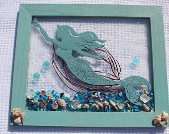 Mermaid Ocean Decor, Sanibel Seashell Art, Resin Mermaid Decor, Blue Coastal Mermaid Art, beach house art, Nautical Mermaid Window