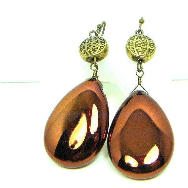 Copper Gold Earrings, Teardrop Earrings, Bronze Earrings, Large, Lightweight