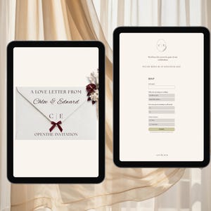 Pode incluir: Dois tablets exibindo um convite de casamento digital. A tela esquerda mostra um gráfico de envelope com o texto A LOVE LETTER FROM Chloe & Edward, C|E, e OPEN THE INVITATION. A tela direita mostra um formulário RSVP com campos de dados.