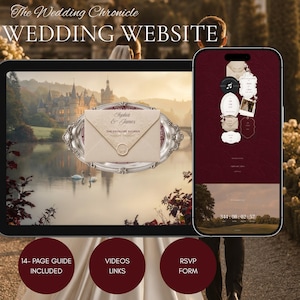 Pode incluir: Um modelo de site de casamento digital exibido em um tablet e smartphone, apresentando um envelope creme com o texto Sophia & James, The Envelope Happens, e uma interface móvel vermelho-escura com um cronômetro e formulário.
