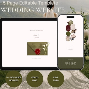 Pode incluir: Um modelo de site de casamento editável de 5 páginas exibido em um tablet e smartphone. O design apresenta um envelope verde-oliva com um selo de cera vermelho, copos-de-leite e o texto "WE'RE GETTING MARRIED" e "Chiara & Edward."