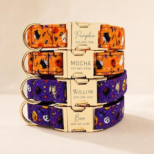 Personalized Halloween Dog Collar & Leash Set, Custom Engraved Name  Phone Number, Pumpkin Ghost Pet Collar, Gold Buckle Dog Gift