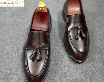 Handgefertigte Herren-Slipper aus Leder mit Quasten – Elegante Schuhe aus echtem Leder, formelle Slipper, Business-Slipper für Hochzeiten. Luxuriöse Herrenschuhe.