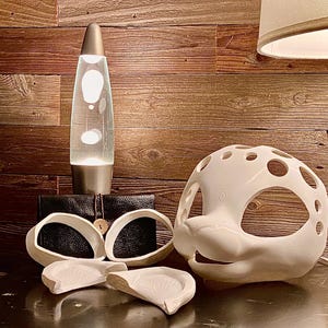 May include: A white ceramic mask with circular cutouts, two white ceramic oval rings, and two white ceramic leaf-shaped pieces. The mask features a smooth finish and a rounded shape. These items are arranged together, showcasing a clean, matte white surface texture.