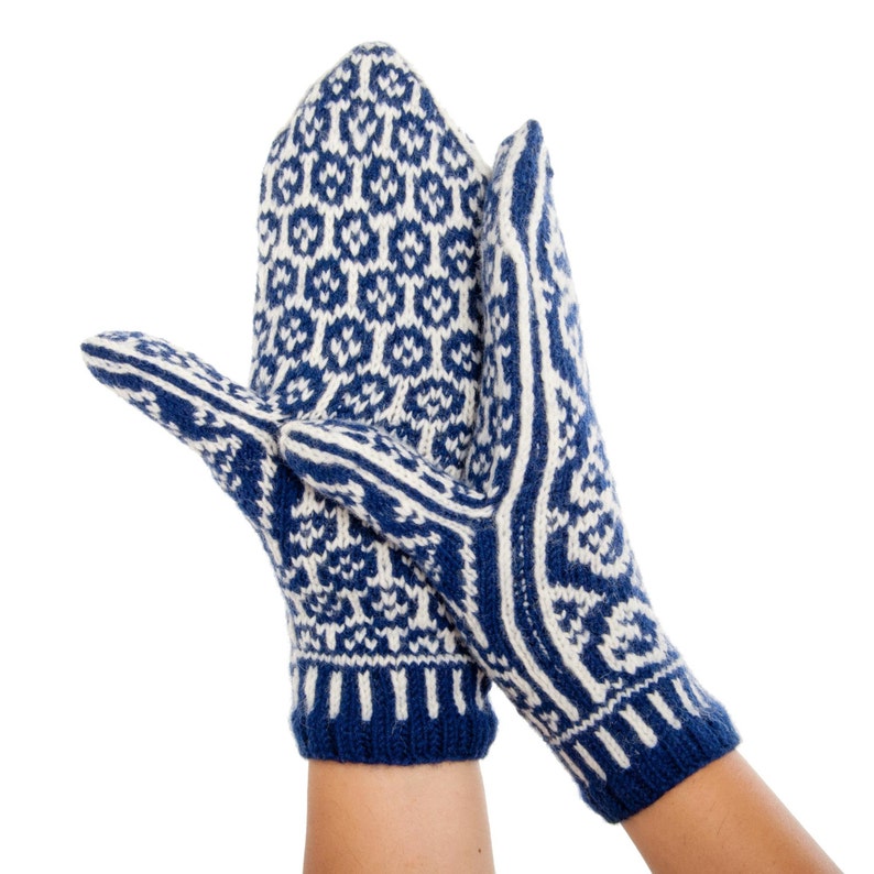 Flower Mittens Winter Mittens Navy Blue Mittens Norwegian Etsy