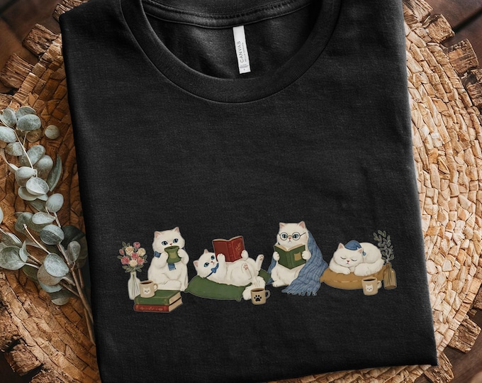 Featured listing image: White Cats Reading Shirt, Book Lover Cat Shirt, Cozy Reader Gift For Her, Librarian Teacher Bookish Gift, Cat Mom Shirt, Book lover gift,