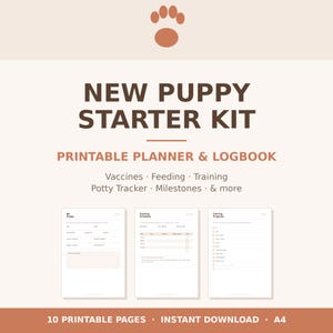 Op de afbeelding: Een puppy starterkit als printbare planner en logboek met een bruin pootafdruk-icoon. Het document bevat secties voor vaccinaties, voeding, training, zindelijkheidstraining en mijlpalen op 10 printbare pagina's in A4-formaat.