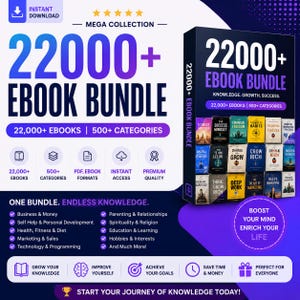 Puede incluir: Un anuncio de producto digital para un paquete de 22000+ libros electrónicos con un gráfico de caja 3D, listas de categorías como negocios, autoayuda y tecnología, y texto que incluye "Knowledge. Growth. Success." y "Boost your mind enrich your life."