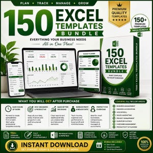 May include: A digital product bundle featuring 150 Excel templates for business management. The graphic displays a laptop, smartphone, and a box labeled 150 Excel Templates Bundle, showcasing dashboard, invoice, and budget planner spreadsheet examples.