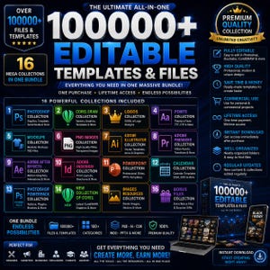 Könnte beinhalten: Eine digitale Bündelwerbung mit über 100.000 bearbeitbaren Vorlagen und Dateien. Die Grafik zeigt 16 verschiedene Sammlungen, darunter Photoshop, CorelDRAW, Logos, Schriftarten, Mockups und Adobe-Software-Assets, auf einem dunkelblauen Hintergrund.