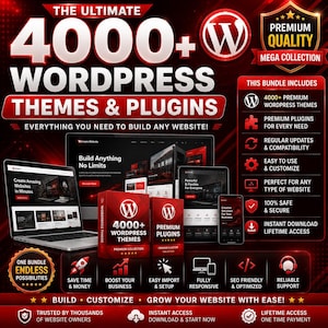 May include: A digital marketing graphic for a collection of 4000+ WordPress themes and plugins. The red and black design features a laptop, tablet, and smartphone displaying website templates, alongside two boxes labeled Premium Themes and Plugins.