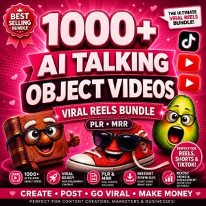 Może przedstawiać: Cyfrowa grafika przedstawiająca pakiet ponad 1000 filmów z mówiącymi obiektami AI. Tekst głosi 1000+ AI TALKING OBJECT VIDEOS, VIRAL REELS BUNDLE, PLR, MRR. Zawiera postacie z kreskówek, w tym książkę w okularach, trampka i awokado.