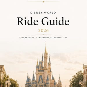 Puede incluir: Una portada de guía de viaje titulada ATLORIX TRAVEL GUIDES DISNEY WORLD Ride Guide 2026, con el texto ATTRACTIONS, STRATEGIES & INSIDER TIPS y PLAN SMART. RIDE MORE. MAKE MAGIC. El fondo muestra un gran castillo con torres de color azul.